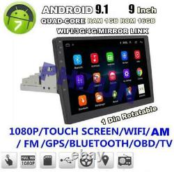 1DIN 9'' Adjustable Height Android 9.1 1080P Car Stereo Radio GPS WiFi 4G BT DAB