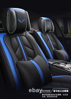 Deluxe Black+Blue Leather 5D Full Surround Car Seat Cover Cushion For 5-Seat Car