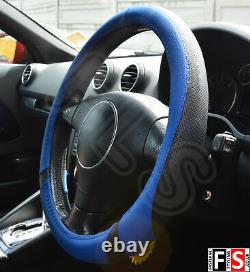 Universal Black & Blue 37-39cm Steering Wheel Cover Faux Leather-frd1